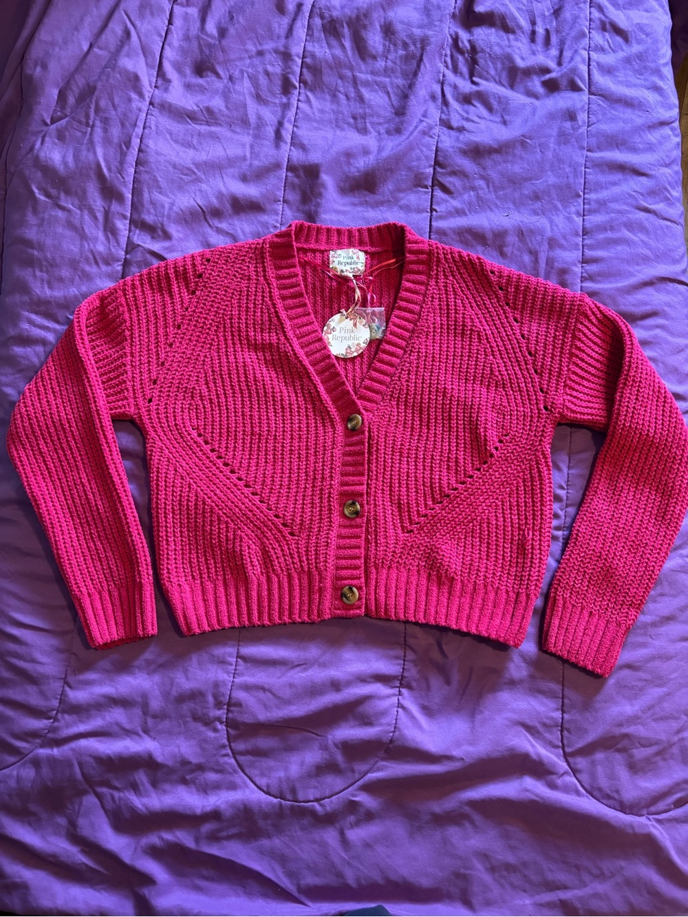 Pink Republic Hot Pink Cropped V-Neck Button Cardigan